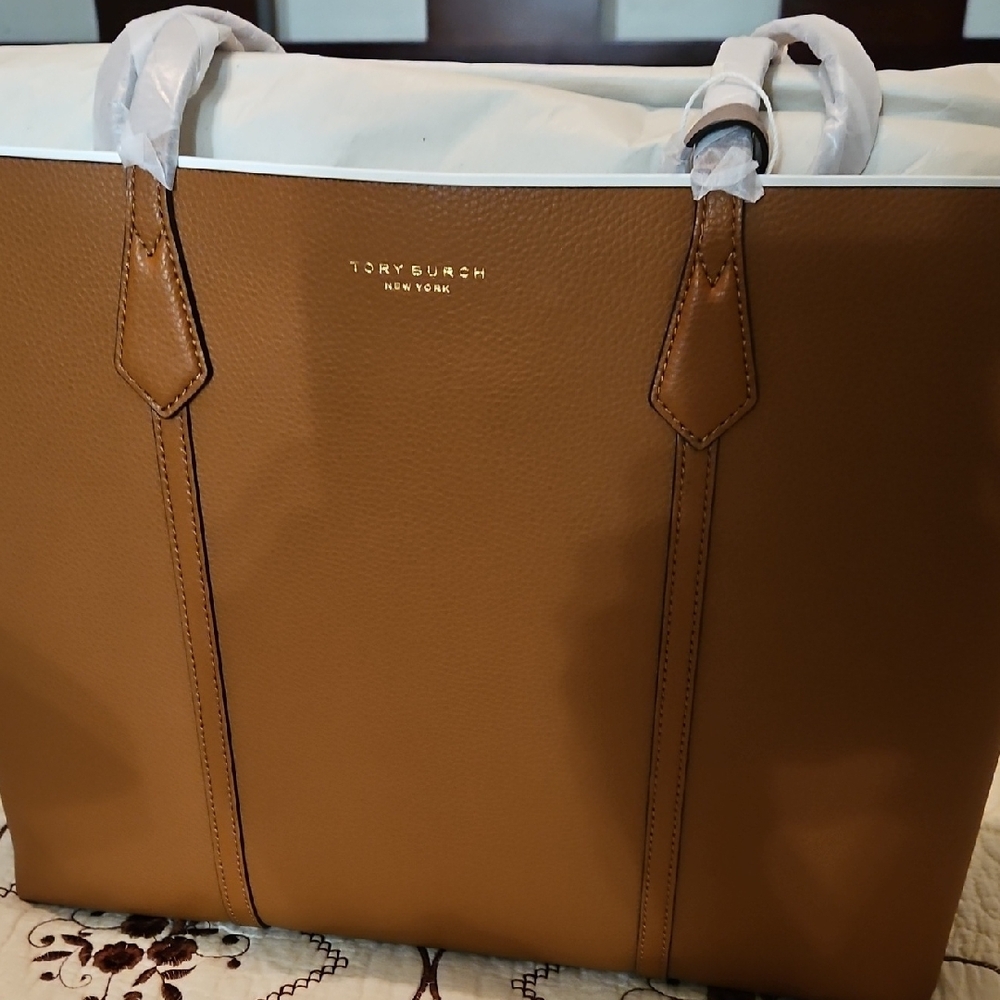 Tory Burch Brown Laptop Bag with Structured Design and Durable Handles